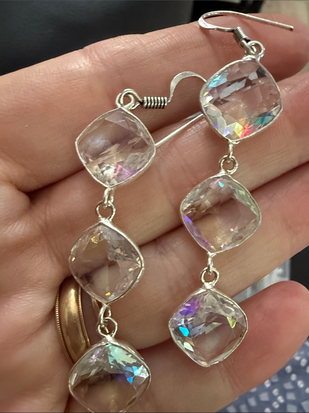 Silver 925  Triple-Cushion Fire Topaz  Drop Earrings -